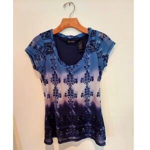 Axcess Liz Claiborne Blue Ombre Mesh Damask Floral Cap Sleeve Top Small